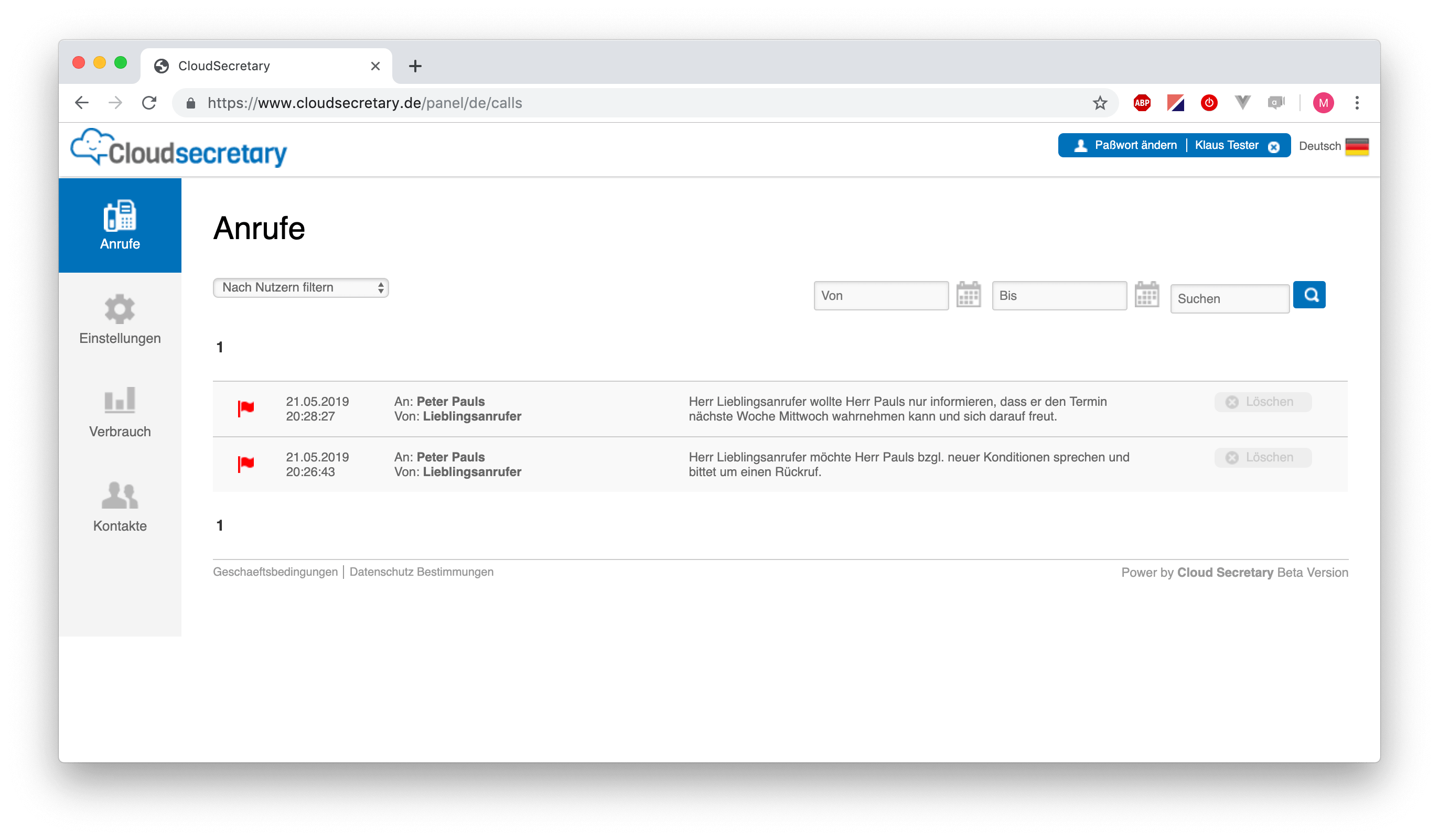 Screenshot vom Telefonservice Kundenportal, dass die Anrufliste zeigt.