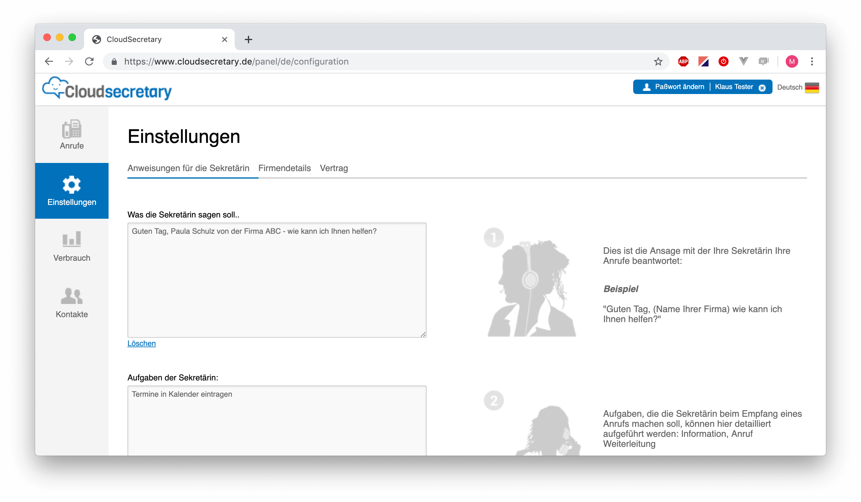 Screenshot vom Telefonservice Kundenportal, dass die Anweisungen zeigt
