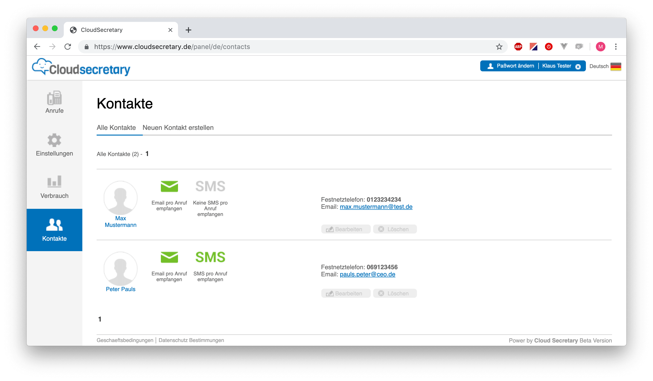 Screenshot vom Telefonservice Kundenportal, dass die Kontaktverwaltung zeigt