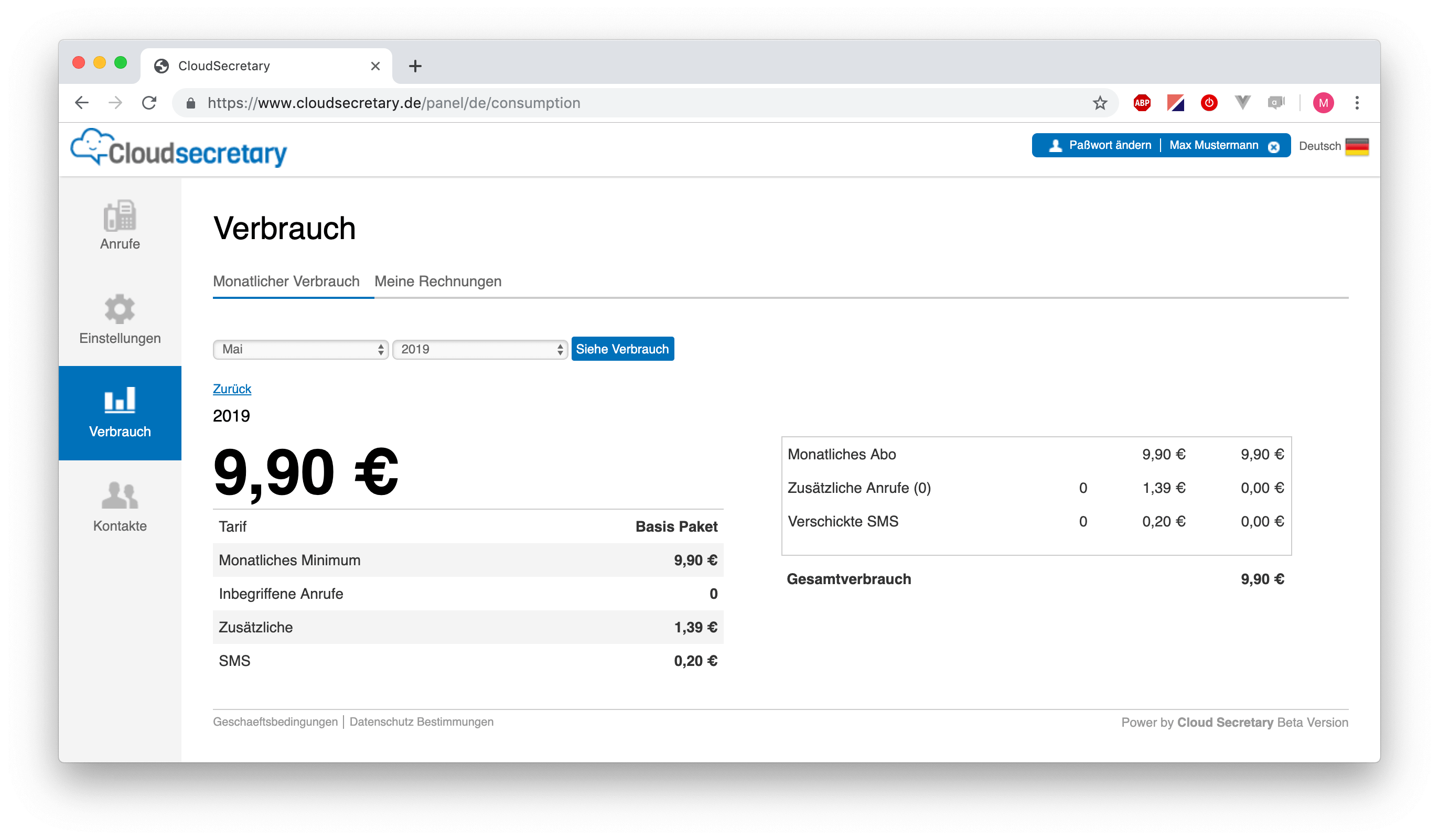 Screenshot vom Telefonservice Kundenportal, dass die Verbrauchs-Seite zeigt.